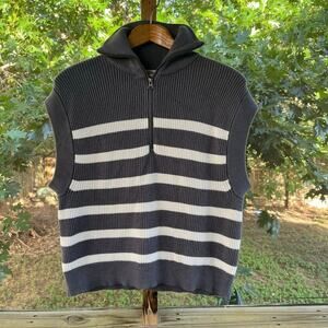 Zara Women's Grey And White Striped Sleeveless Sweater Size S